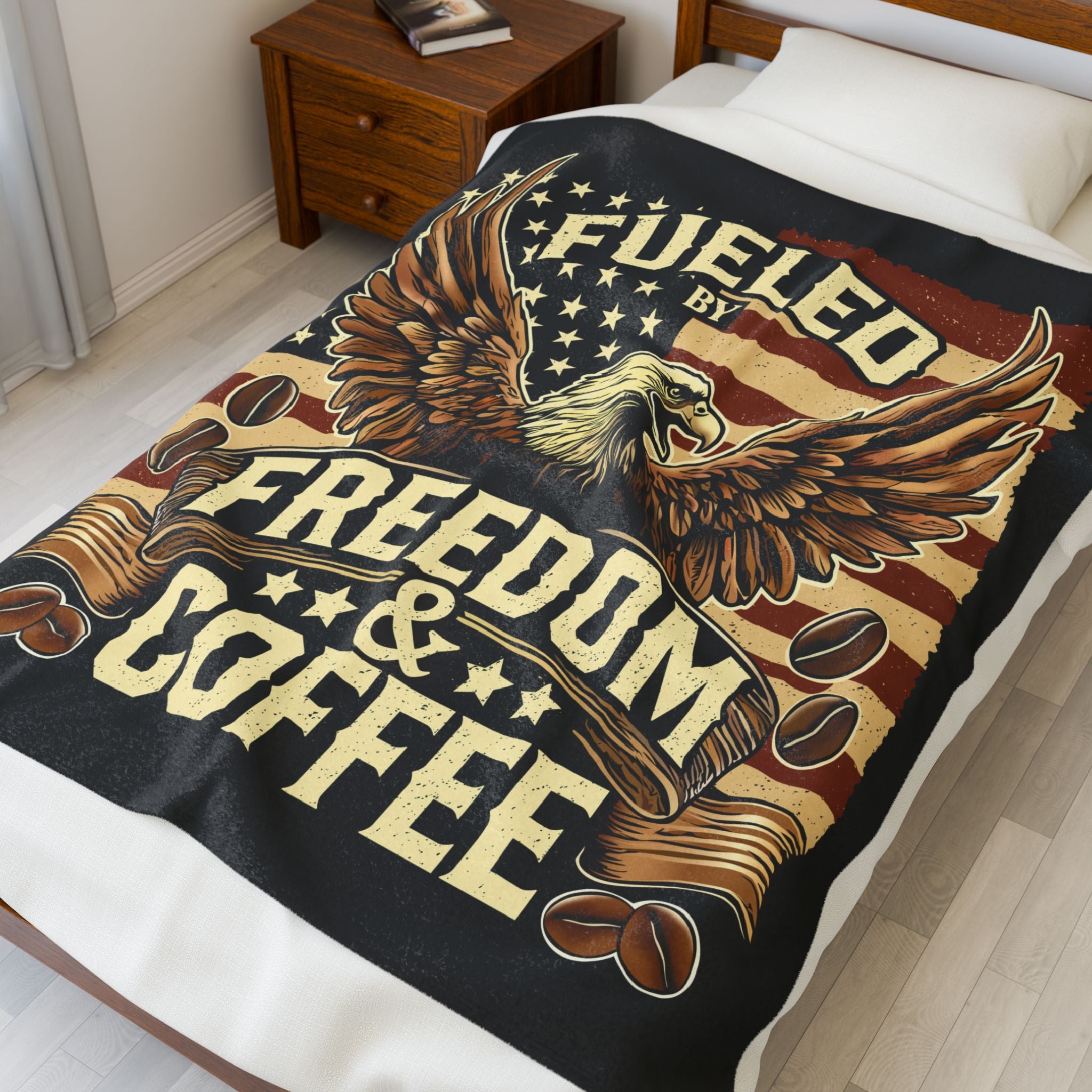 Lightweight Velveteen Blanket, Fueled by Freedom & Coffee