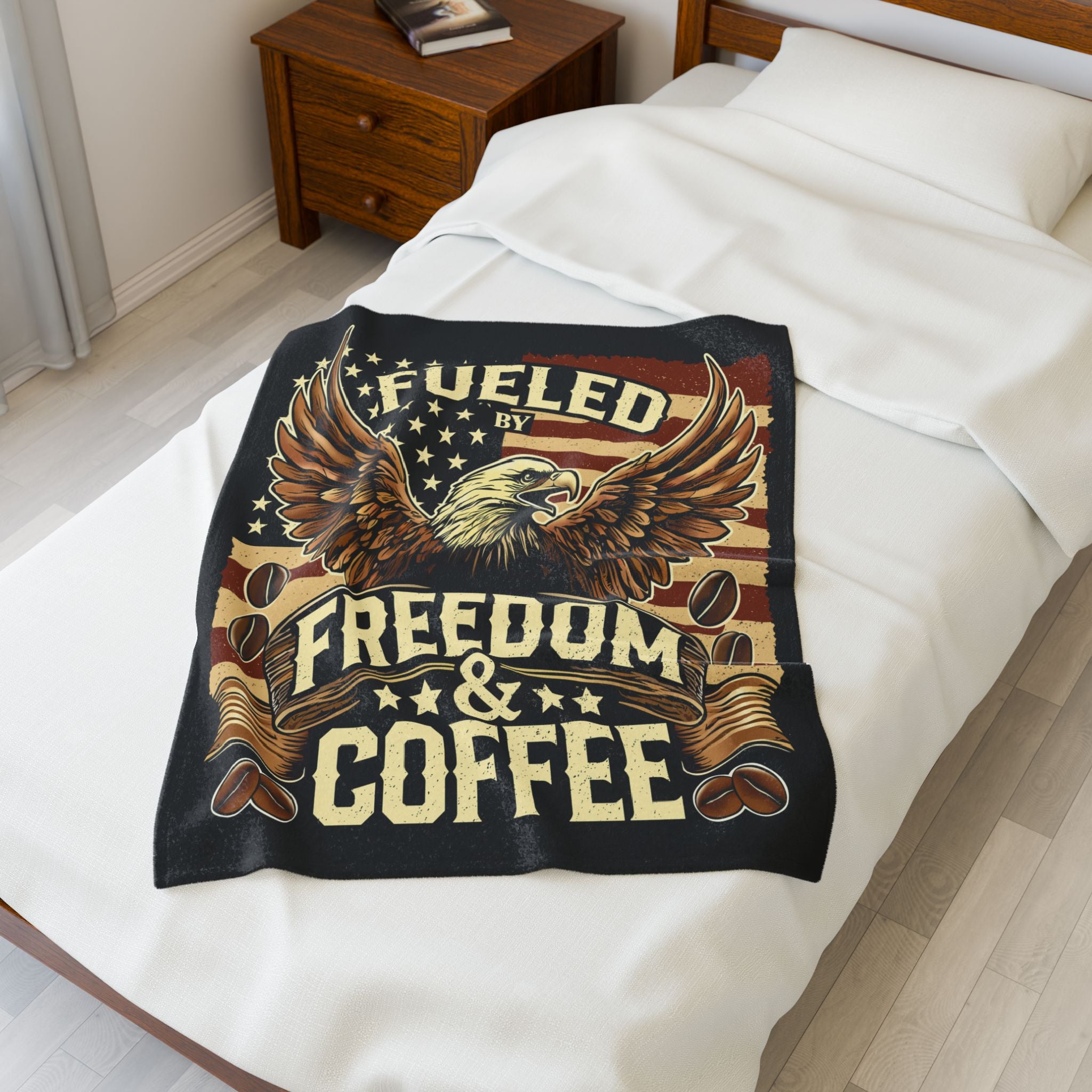 Lightweight Velveteen Blanket, Fueled by Freedom & Coffee